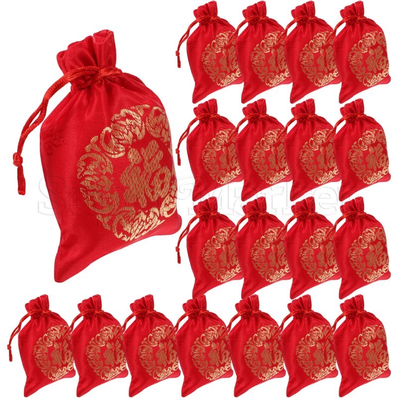 Cny Happy New Year Brocade ถุงผ้าไหมบรรจุภัณฑ์ของขวัญ / ถุงนําโชคจีน / ถุงใส่เครื่องประดับ ขนาดเล็ก / ถุงขนมปีใหม่ งานแต่งงาน โปรดปราน /