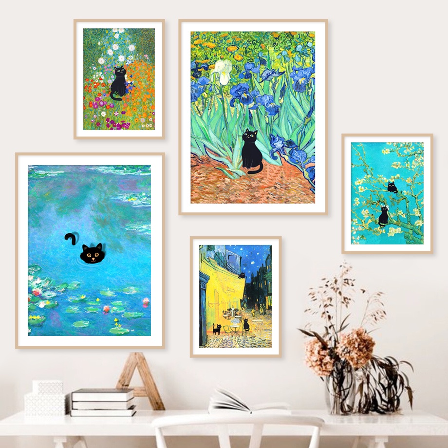 โปสเตอร์ภาพวาดผ้าใบ รูปแมว Van Gogh Monet Water Lily สําหรับตกแต่งผนัง ห้องนั่งเล่น