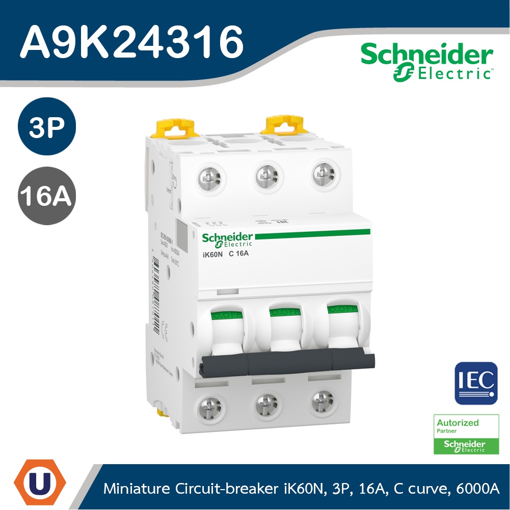 Schneider Electric - Miniature circuit-breaker, Acti9 iK60N, 3P, 16 A, C curve, 6000 A_A9K24316 ที่ร