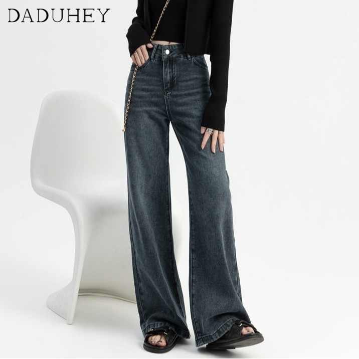 DaDuHey New Women's Jeans American Style Blue Gray Ins High Street Retro Washed High Waist Loose Wide Leg Pants