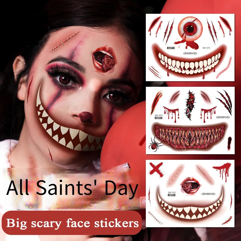 Terrifying Halloween Scary Big Mouth Face Stickers Wound Tattoo Stickers DIY Waterproof Scar Tattoo 