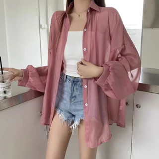 พร้อมส่ง เสื้อเชิ้ตเเขนยาวผู้หญิงมีกระดุมสไตล์เกาหลี ผ้านิ่มใส่สบาย