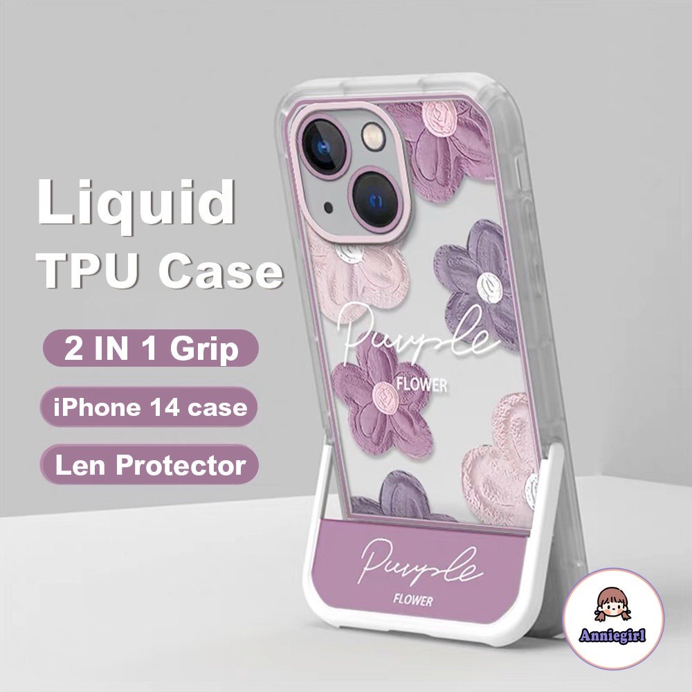 ที่มองไม่เห็นขาตั้ง Grip IPhone สําหรับ IPhone 11 14 Pro Max Vinatge สีม่วงภาพวาดสีน้ํามันดอกไม้ 13 Pro Max 12 IPhone X XS XR IPhone 7 8 Plus Soft TPU ฝาหลังโทรศัพท์มือถือ
