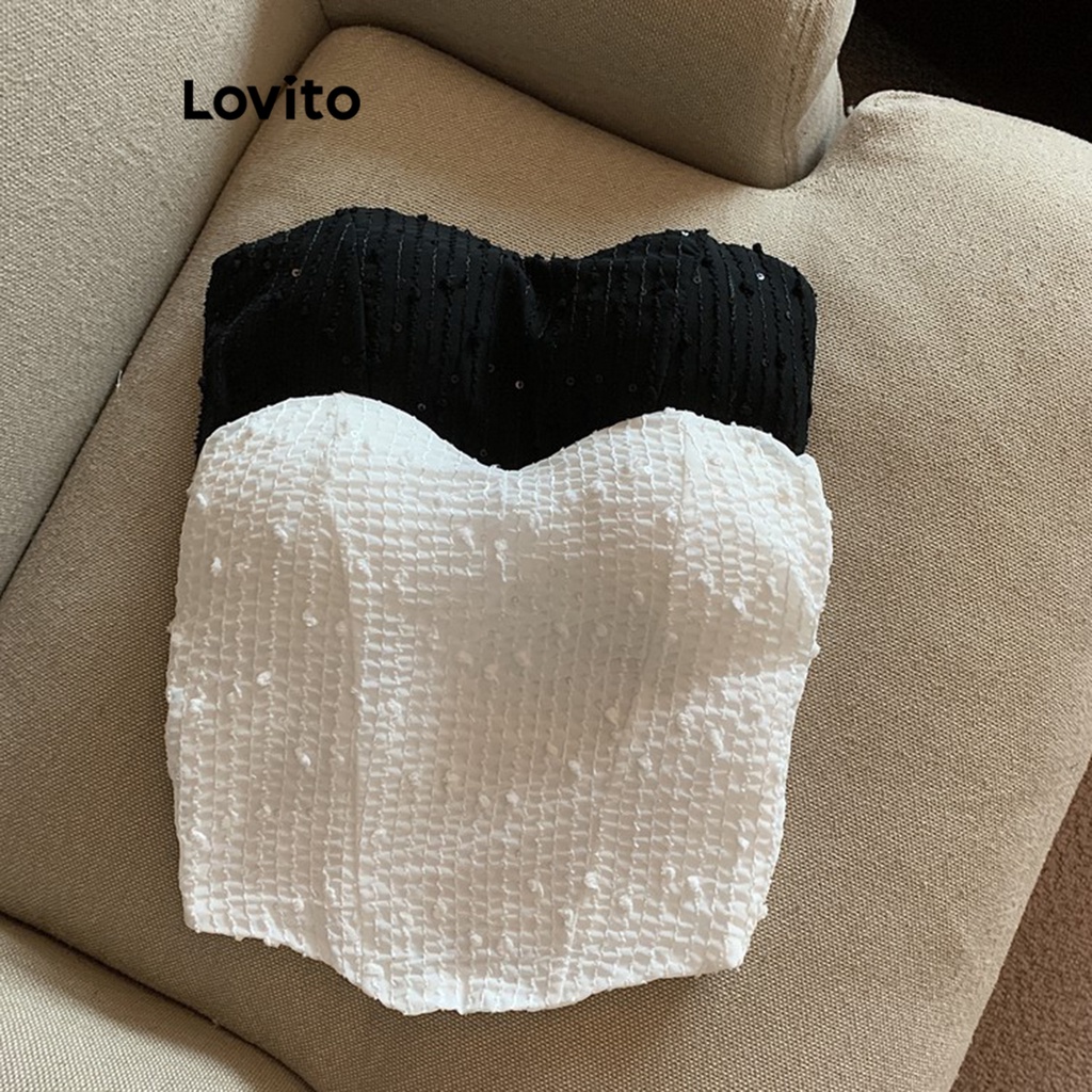 Lovito เกาะอกผู้หญิง แต่งเลื่อม สีพื้น สไตล์ลำลอง LNE34077 (สีขาว/สีดำ)