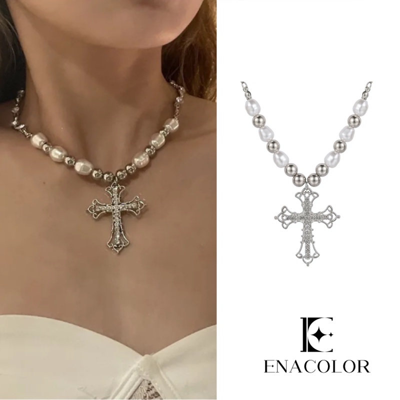 Enacolor สร้อยคอโชคเกอร์ จี้ไข่มุก สีเงิน สไตล์วินเทจ เครื่องประดับแฟชั่น สําหรับผู้หญิง 2024