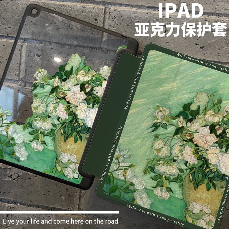 เคสอะคริลิค ลายดอกไม้ภาพวาดสีน้ํามัน พร้อมช่องใส่ปากกา สําหรับ iPad gen9 gen8 gen7 10.2 Air4 Air5 10.9 Pro11 2020 2021