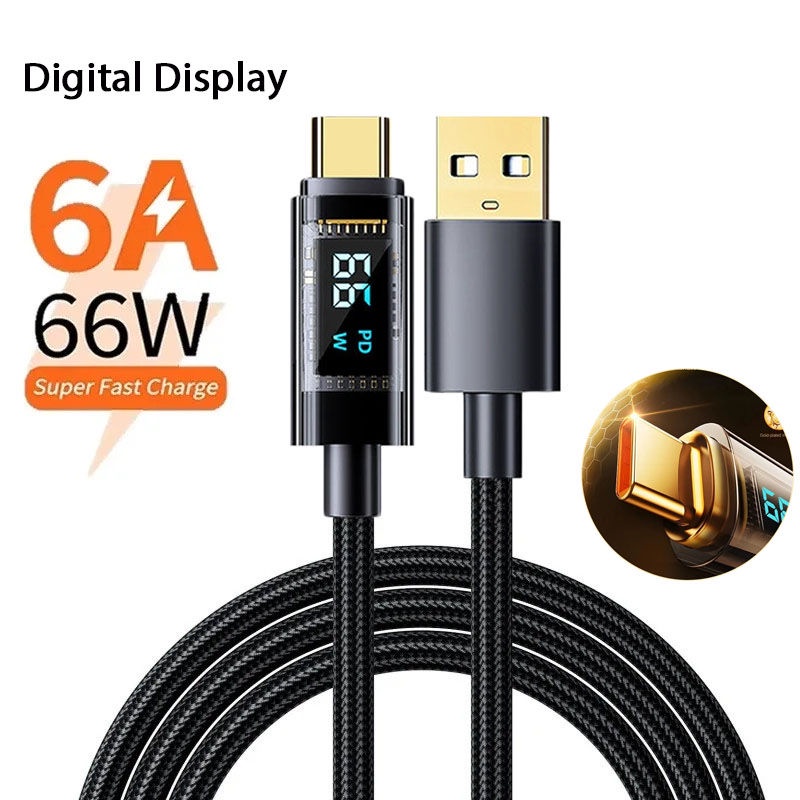 สายชาร์จ Type C หน้าจอดิจิทัล 66W 6A USB C สําหรับโทรศัพท์มือถือ USB เป็น Type-C