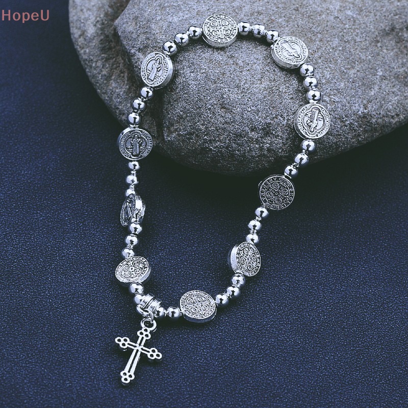 [HopeU] สร้อยข้อมือลูกปัด รูปไม้กางเขนพระเยซู สีเงิน สไตล์เรโทร เครื่องประดับสําหรับของขวัญคริสเตียน