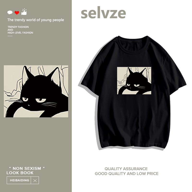 SELVZE（จัดส่งตลอด 24 ชั่วโมง） Printed T-shirt，แมวน่ารักเรียบง่ายพิมพ์เสื้อยืดแขนสั้น T0791