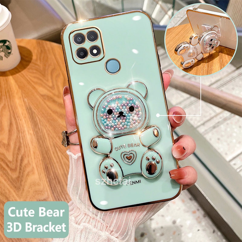 เคสโทรศัพท์ oppo a15 a15s เคสโทรศัพท์มือถือชุบนิ่ม ทรงสี่เหลี่ยม ลายหมีน่ารัก 3D พร้อมที่ตั้งวาง สําหรับ oppo a15 a15s