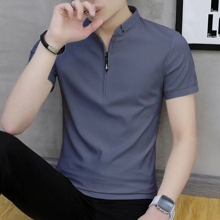 เสื้อโปโลแขนสั้น แขนห้าส่วน แบบเข้ารูป สีพื้น แฟชั่นฤดูร้อน สําหรับผู้ชาย