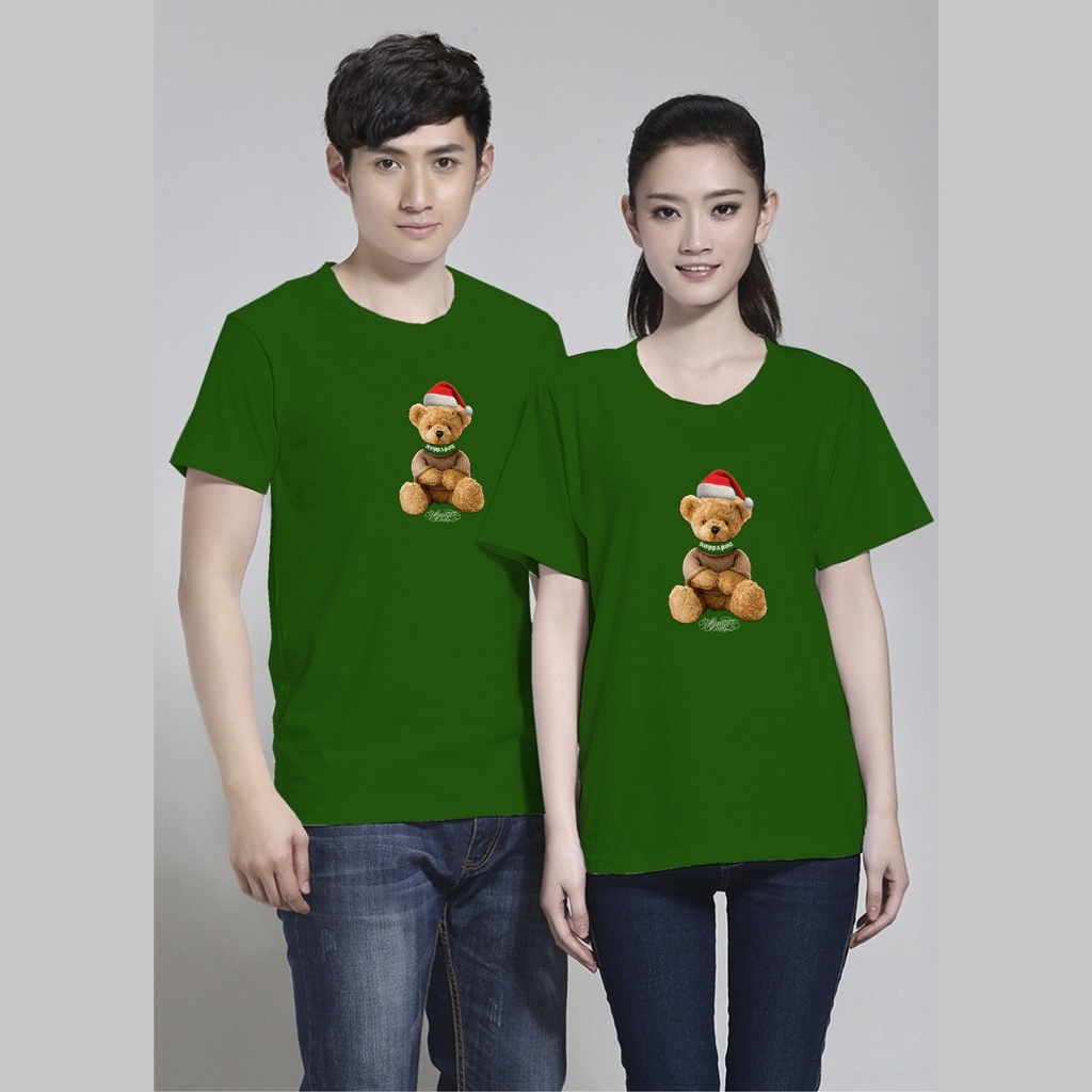 เสื้อยืดคอกลมผู้ใหญ่ พิมพ์รีดลายหมีคริสต์มาส ใส่สบายทั้งครอบครัว คอตตอน100% ระบายความร้อนได้ดี MH2