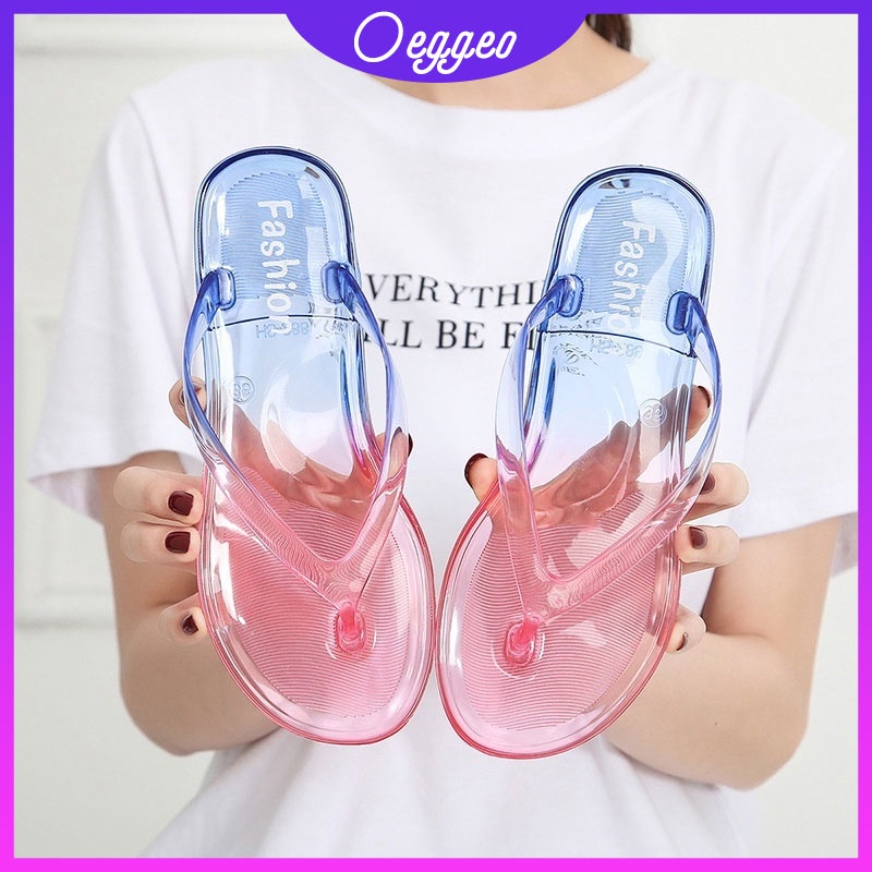 Oeggeo shop ใหม่สองสี Flip Flop ผู้หญิงฤดูร้อนแฟชั่นใหม่ไล่ระดับสีรองเท้าชายหาดรองเท้าคริสตัล