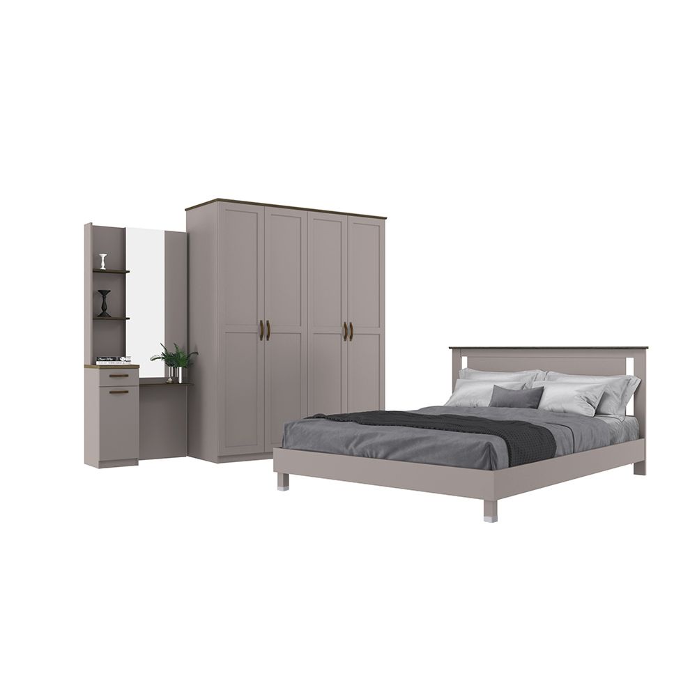 INDEX LIVING MALL ชุดห้องนอน รุ่นโรม ขนาด 5 ฟุต (เตียงนอน+ตู้เสื้อผ้า 4 บานประตู+โต๊ะเครื่องแป้ง) - สีโอวัลติน/เฮเซล วอลนัท