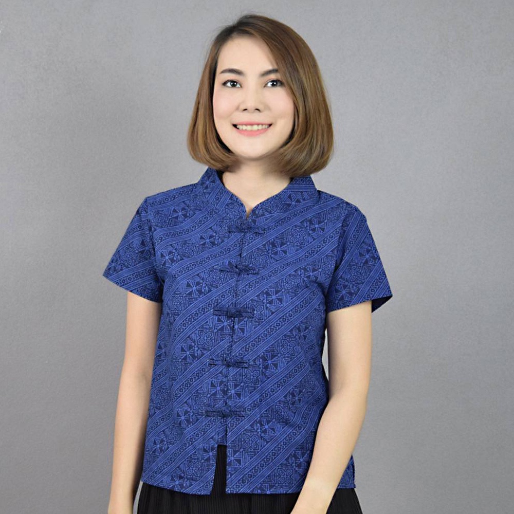 BM-250 เสื้อม่อฮ่อมคอจีน กัดลายไทยเฉียง หญิงเข้ารูป ชาย แขนตรง กระดุมตรง