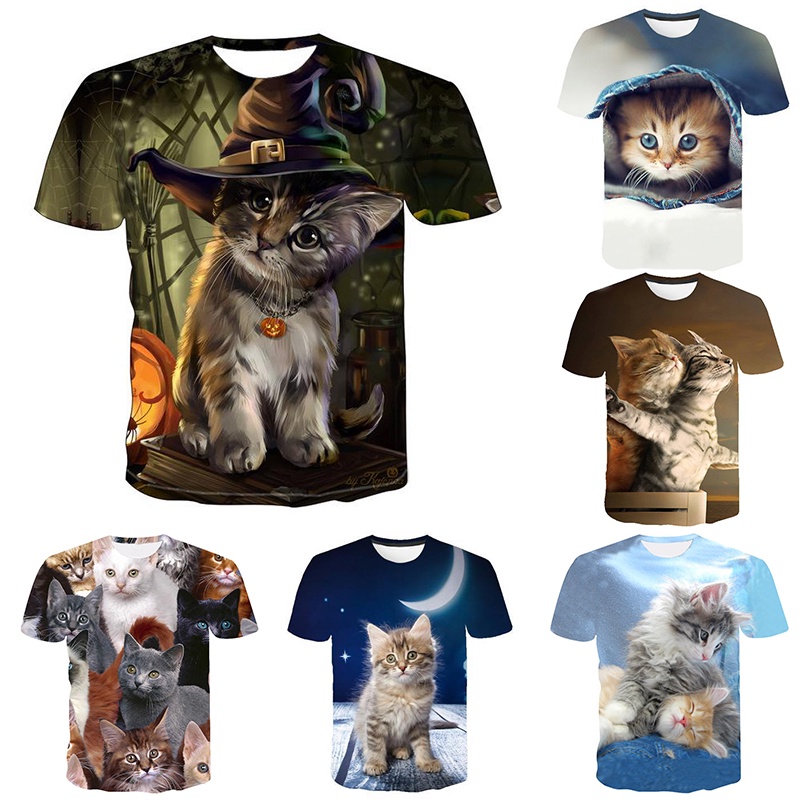 สัตว์น่ารักแมวตลกรูปแบบ三维พิมพ์เสื้อยืดสําหรับผู้ชายผู้หญิงเสื้อลําลอง ย2เค แฟชั่น โอ-คอพิมพ์ขนาดบวกแขนสั้นประเดิม