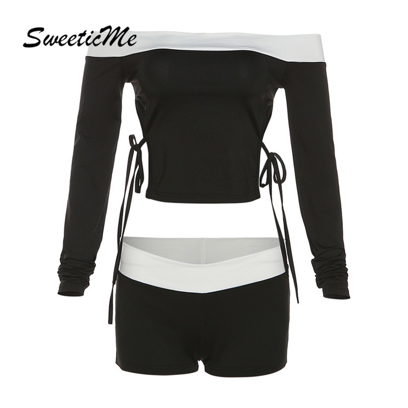 Sweeticme ใหม่ ชุดเสื้อแขนยาว เปิดไหล่ กางเกงขาสั้น ลําลอง เข้ารูป สีตัดกัน แฟชั่นสําหรับสตรี 2024