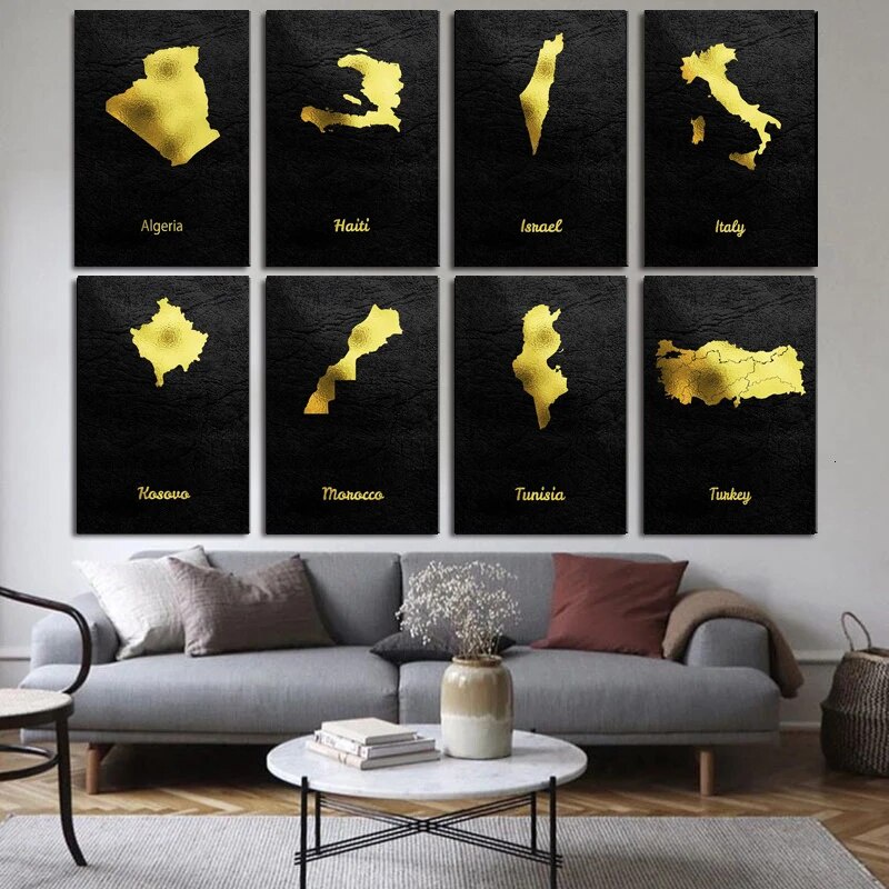 Minimalist ใหม่ Golden แผนที่โมร็อกโกตุรกี Kosovo City โปสเตอร์พิมพ์ Wall Art ภาพวาดผ้าใบภาพของขวัญต
