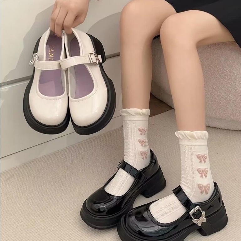 🚚🚚รองเท้าแมรี่เจน สตรีญี่ปุ่น รองเท้าหนังนักเรียนส้นหนาสไตล์เกาหลี ประดับโบว์ ไซส์ 35-40
