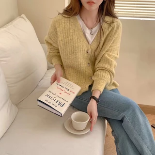 สไตล์เกาหลี วินเทจ สีพื้น เสื้อคาร์ดิแกนแขนยาว ลําลอง สําหรับผู้หญิง