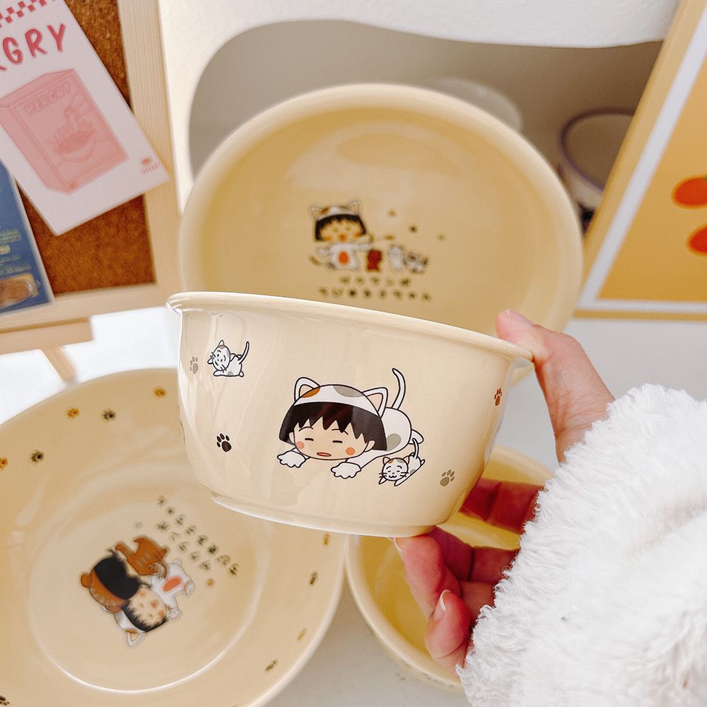 ชุดจานชามเซรามิคลายมารูโกะน่ารัก สำหรับใส่อาหารครัวเรือน-สลัด