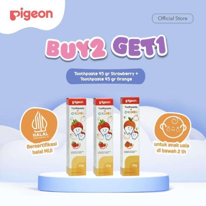 ยาสีฟัน Pigeon ยาสีฟันสําหรับเด็ก Strawberry Free Orange 3 ชิ้น-45g