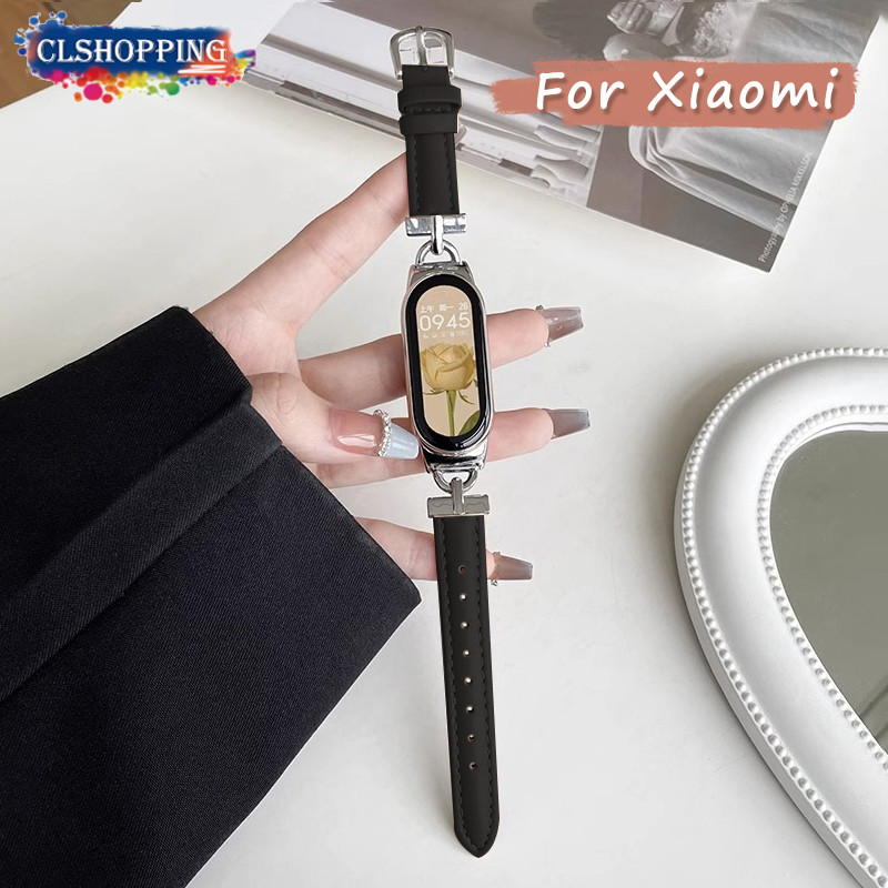 โลหะ D-รูปตกแต่งหนัง Starp Xiaomi Smart band 9/8 NFC/9 Pro/8 Active/Mi Band 7/6/5/4/3, Redmi Watch 4/5 สายข้อมือหรูสําหรับผู้หญิง