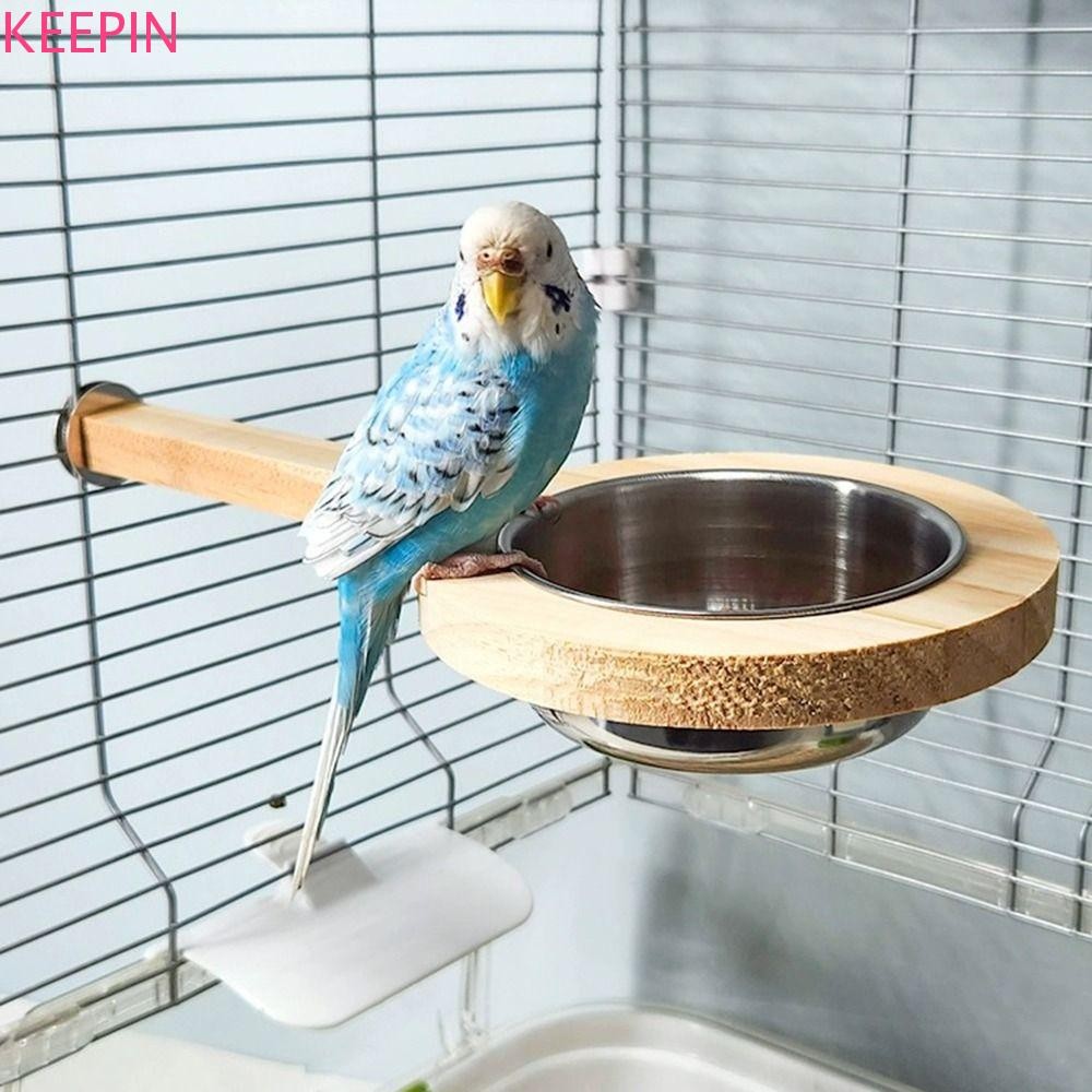 Keepin ถ้วยให้อาหารนกแก้ว, แขวนที่ถอดออกได้ Bird Perch Stand Platform, ภาชนะบรรจุน้ําไม้สแตนเลสอุปกรณ์สัตว์เลี้ยง Parrot Feeder Bird Cage อุปกรณ์เสริม