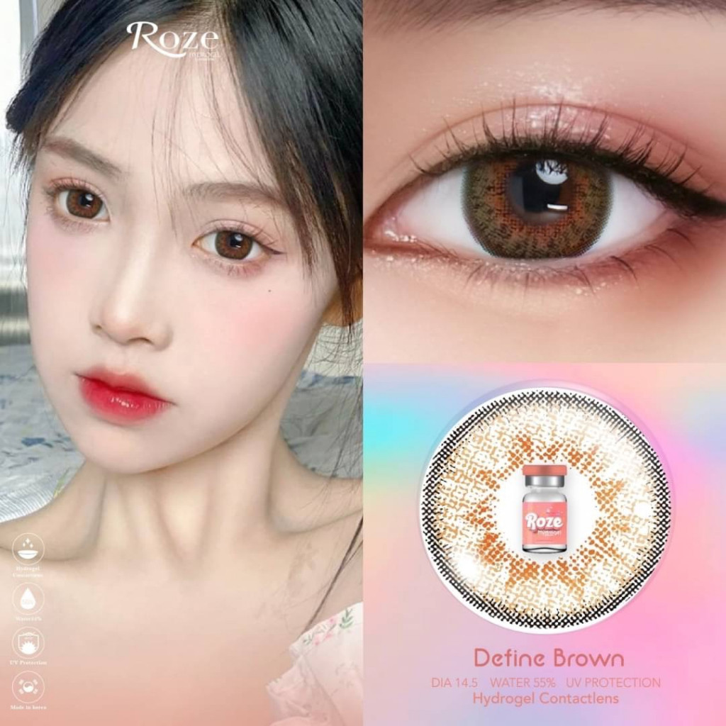 💋 มีค่าสายตา 💋 Rozelens ลาย Define   Brown Gray คอนแทคเลนส์ ตาโต ลายฮิต