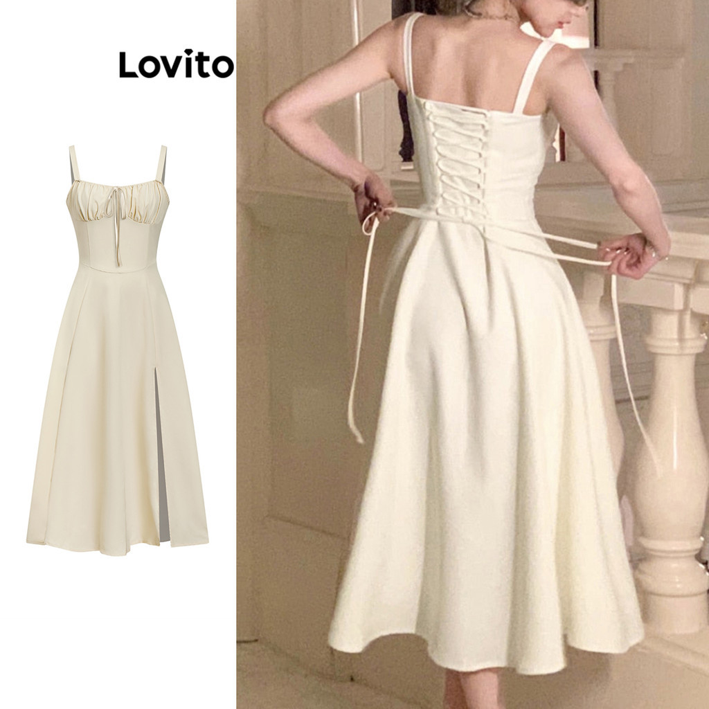 Lovito ชุดเดรสผู้หญิง ผูกเชือกด้านหน้า ด้านหลัง สีพื้น สไตล์หรูหรา L74ED185(หลากสี)