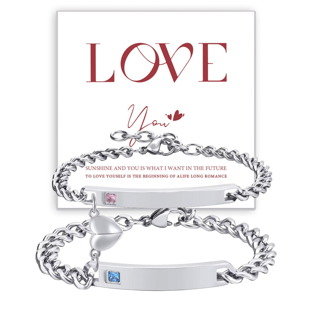 VNOX วีน็อกซ์ สร้อยข้อมือคู่รักส่วนบุคคลสําหรับคู่รักโซ่คิวบาสแตนเลส2ชิ้นชุดเครื่องประดับแกะสลักฟรี