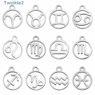 Twinkle จี้ป้ายราศี ทรงกลม แบน 12 กลุ่มดาว 0.4X1.34 นิ้ว สีเงิน DIY สําหรับสร้อยคอ 24 ชิ้น