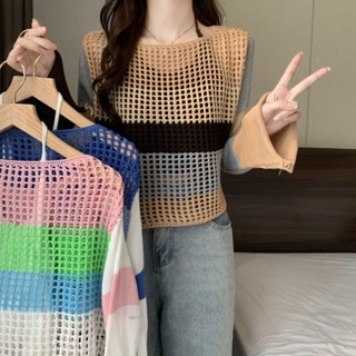 Milyfashion ใหม่ สไตล์เกาหลี ต้นฤดูใบไม้ร่วง กลวง แขนยาว เสื้อถักเชือกแขวนคอ ยกทรง ผู้หญิง สองชิ้น ออกแบบเฉพาะสูท