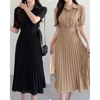baao Korean Pleated Polo Midi Dress w/belt