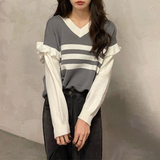 เสื้อกันหนาวแขนยาว คอวี ลายทาง สีคอนทราสต์ สไตล์เรโทร สองชิ้น SF0K