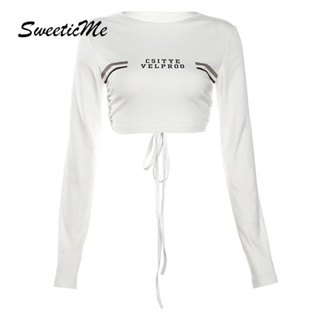 Sweeticme ใหม่ เสื้อยืดครอป คอกลม แขนยาว พิมพ์ลายตัวอักษร เข้ากับทุกการแต่งกาย แฟชั่นสําหรับผู้หญิง 2023