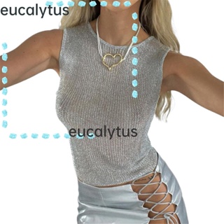 Eucalytus1 เสื้อครอปท็อป ผ้าตาข่ายซีทรู ลายกลิตเตอร์ สําหรับผู้หญิง Y2K