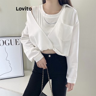 Lovito เสื้อเบลาส์ลําลอง แต่งกระเป๋าโลหะ แบบเรียบ สําหรับผู้หญิง LNE24075 (สีขาว)