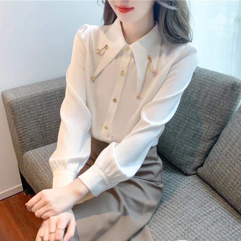 เสื้อเชิ้ต ผ้าชีฟอง แต่งสายโซ่ ระดับพรีเมี่ยม สไตล์ฝรั่งเศส