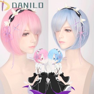 Danilo Rem Ram วิกผมคอสเพลย์ หน้าม้าแนวทะแยง ไร้รอยต่อ อุณหภูมิสูง สีฟ้า สําหรับปาร์ตี้