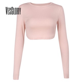 Vesglory เสื้อครอปท็อปแขนยาว คอกลม ทรงสลิมฟิต สีพื้น แฟชั่นสําหรับผู้หญิง 2023