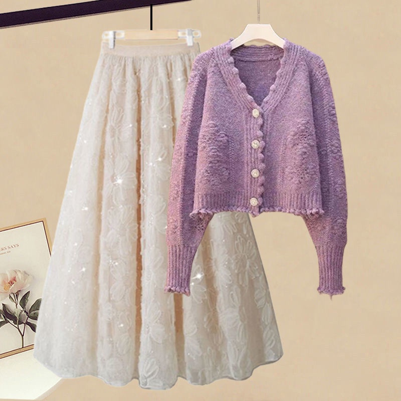 เสื้อกันหนาว ผ้าถัก ขนาดใหญ่ และกระโปรงตาข่าย สไตล์เกาหลี สําหรับผู้หญิง