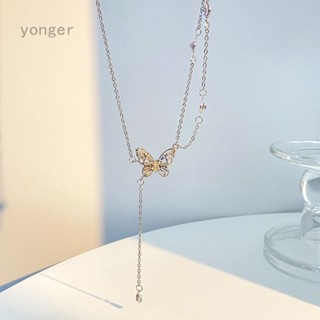 Yonger สร้อยคอโซ่ จี้ผีเสื้อ ประดับเพทาย หลายชั้น หรูหรา เครื่องประดับแฟชั่น สําหรับผู้หญิง