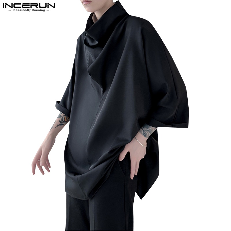 Incerun เสื้อเชิ้ตแขนยาว คอปก ผ้าไหม ซ้อนกัน เรียบง่าย สําหรับผู้ชาย