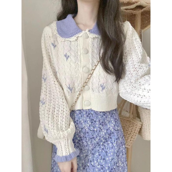 เสื้อแจ็กเก็ตคาร์ดิแกนกันหนาว ผ้าถัก คอปกตุ๊กตา ลายดอกไม้ สีม่วง แฟชั่นฤดูใบไม้ร่วง สไตล์ชาแนล สําหรับผู้หญิง