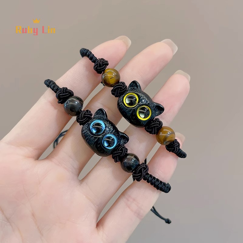 ทับทิม น่ารัก แมวดํา เชือกถัก สร้อยข้อมือ ผู้หญิง ผู้ชาย คู่ สร้อยข้อมือ อินเทรนด์ เครื่องประดับ ของขวัญ ดี