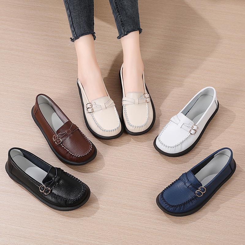 【5 สี ขนาดใหญ่ 35-44】รองเท้าโลฟเฟอร์ลําลอง หนังโคเรียม พื้นนิ่ม กันลื่น แฟชั่นสไตล์เกาหลี สําหรับสตรี OD05