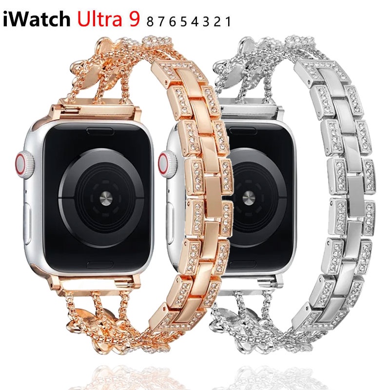 สายนาฬิกาข้อมือเหล็ก ประดับเพชร สําหรับ Apple Watch 44 42 45 49 41 40 38 มม. IWatch Series 7 8 9 SE 6 ultra2