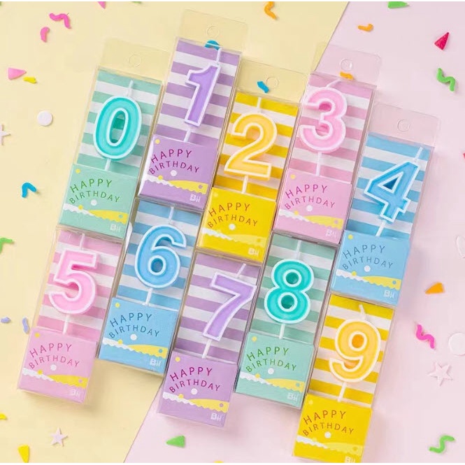 [รุ่นแฟนซี ลายขวาง] เทียนวันเกิด ตัวเลข 0-9 สุ่มสี กล่องแข็ง คุณภาพดี เทียนตัวเลข Happy Birthday