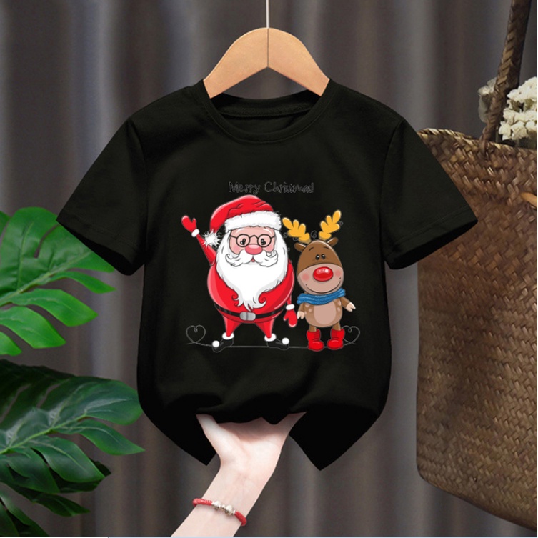 เสื้อยืดแขนสั้น พิมพ์ลายคริสต์มาสตลก สีดํา และสีขาว สําหรับเด็กผู้ชาย และเด็กผู้หญิง